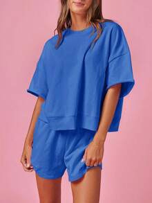Fisoew Women's 2 Piece Outfits - High Waist Casual Tracksuit Set, Oversized Cropped Sweatshirt & Running Shorts, Summer Y2K Streetwear, Fashion Matching Lounge Set - Màu xanh lam - Xem 2