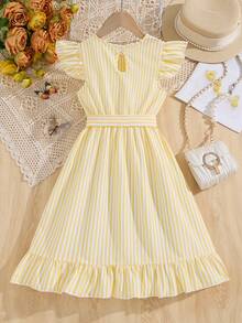 Girls Striped Ruffle Hem Dress With Belt - Yellow - View 2