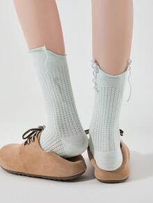 1 Pair Women's Summer Lightweight Breathable Mesh Openwork Plain Girl Sweet Ruffle Trim Embroidery Cherry Bow Heart Cutout Heel Split Ins College Style Student Socks, Mid-Calf Socks Casual Daily Wear - Multicolor - View 7