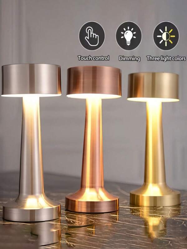 1pc Rechargeable Cordless LED Table Lamp Polished Brass Finish Rechargeable, 3-Color Dimmable Lighting Bedroom, Living Room, Office, Dorm, Bar, Party, Dining Decor