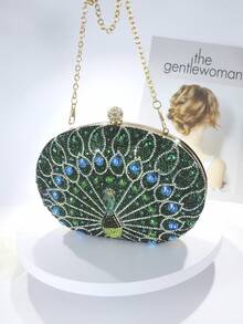 New Cross-Border Peacock Rhinestone-Embellished Retro Exotic Cross-Body Bag Evening Bag Exquisite High-End Dress Bag,Formal Gown Bag, Prom Clutch, Chain Strap Shoulder Bag, Wedding Purse, Metal Chains Clutch - Green - View 3
