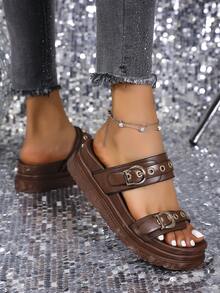 1 Pair Punk Style Rivet Embellished Platform Sandals, High-End Stylish Summer Footwear - Brown - View 4