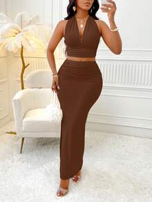 2Pcs Solid Color Deep V-Neck Backless Tied Cropped Vest Top & Slim Pleated Side Slit Long Skirt, Fashionable Two Pieces Set - Brown - View 5