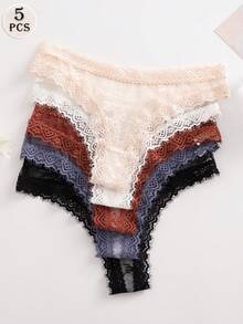 5pcs/Pack Multicolor Sexy Romantic Lace Thong Panties, Comfortable Women's Underwear - Multicolor - View 1