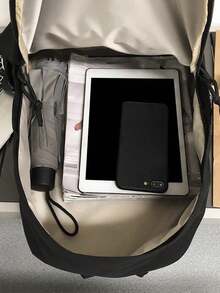 Minimalist Solid Color Backpack Multifunctional Boys And Girls Preppy Campus Backpack Versatile Nylon Travel Backpack Large Capacity Letter Label Decoration Simple Casual Schoolbag Suitable For Girls, Women - Black - View 5