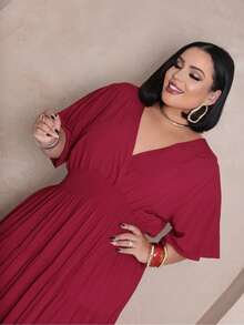 Plus Size Long Dress V Neck Short Sleeve - Burgundy - View 2