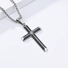 Collar con colgante de cruz de acero inoxidable negro con borde biselado de Rnivida para hombres - Plata-22" - Ver 4
