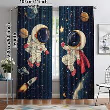 2 piezas Cortinas con estampado de astronauta, tela de poliéster de 100-120g, diseño de bolsillo para barra, estilo moderno, impresión por sublimación de primavera, decoración estacional, sin forro, adecuado para dormitorio, sala de estar - Multicolor - Ver 14