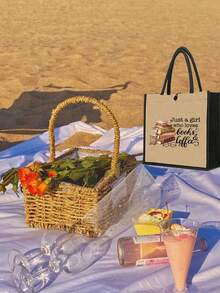 Yellow And Black Edged Linen Two Pieces Set With "Just A Girl Who Loves" Lettering Color Printing Pattern, Coffee And Book Pattern Design, Women's Fashionable Canvas Handbag With Button Thick Linen Bag, Multi-Functional Shopping Bag, Thank You Gift, Innovative Design, Large Capacity, Personalized Gift For Wedding Anniversary And Friend's Birthday, Suitable For Vacation, Daily Life, Going Out, Supermarket Shopping - Multicolor - View 4