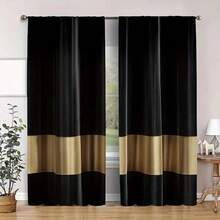 1Set/2pcs Modern Black & Golden Color Block Pattern Curtain Panels,100%Material Semi-Shading - UV Protection Polyester Drapes,With Fashion Golden Print Design,Fade Resistant, ,These Window Drapes Provide Privacy And Serve As Decorative Elements For The Living Room - Black Gold - View 4