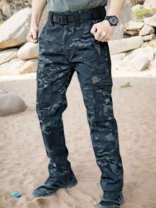 2Pcs Men's Solid & Camo Print Pockets Zipper Waterproof Tactical Cargo Pants Without Belt, Regular Fit Sporty Pockets Durability Trousers For Fall, Wear-Resistant Outdoor Training Pant For Men - Black+MICAI - 查看 5