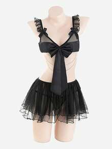 1 Set Bow Cosplay Outfit, Includes Pearl Chain & Bow Decorated Sexy Sheer Lingerie Set With Thong (Suitable For Spring, Summer, Autumn, Winter) - Black - View 5