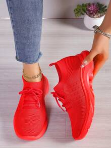 Women's Fashion Bohemian Style Round Toe Knit Lace-Up High Elastic Breathable Non-Slip Casual Sneakers - Rose Red - View 15