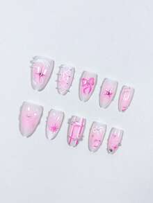 10 件 Y2K 芭蕾风格甜美杏仁形短款手工 3D 树脂水钻蝴蝶结和星星装饰按压式假指甲，可爱的芭蕾美学适合日常佩戴、约会、下午茶、外出美甲用品 - 彩色 - 查看 2