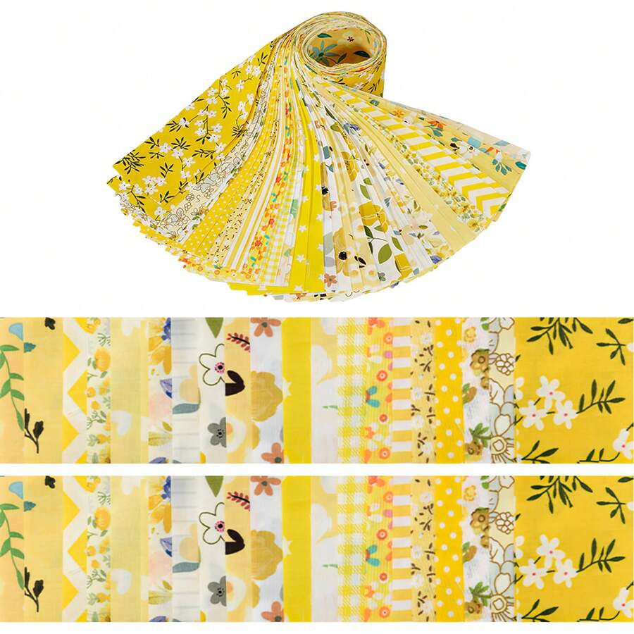 40pcs Yellow Floral Cotton Fabric Patchwork Roll 2.5x19.69 Inch Quilting Strips For DIY Crafts - Yellow - View 1