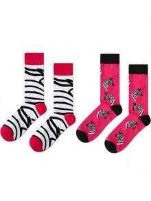 2 Pairs Zebra Pattern Mid-Calf Socks, Couples Socks For All Seasons - Multicolor - View 3