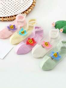 5 Pairs Kids Thin Socks, Girls Korean Style Breathable Silk Ankle Socks With Laughing Face Pattern, Spring/Summer - Multicolor - View 6