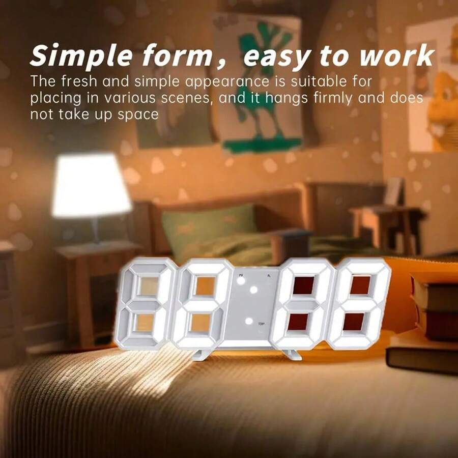1 个 USB 数据线电源桌面 3D 数字闹钟卧室夜光 LED 挂钟简约多功能电子钟创意 3D 立体数字钟简约时尚简约夜视闹钟客厅房间智能感光闹钟功能可悬挂和摆放,家居装饰,房间装饰