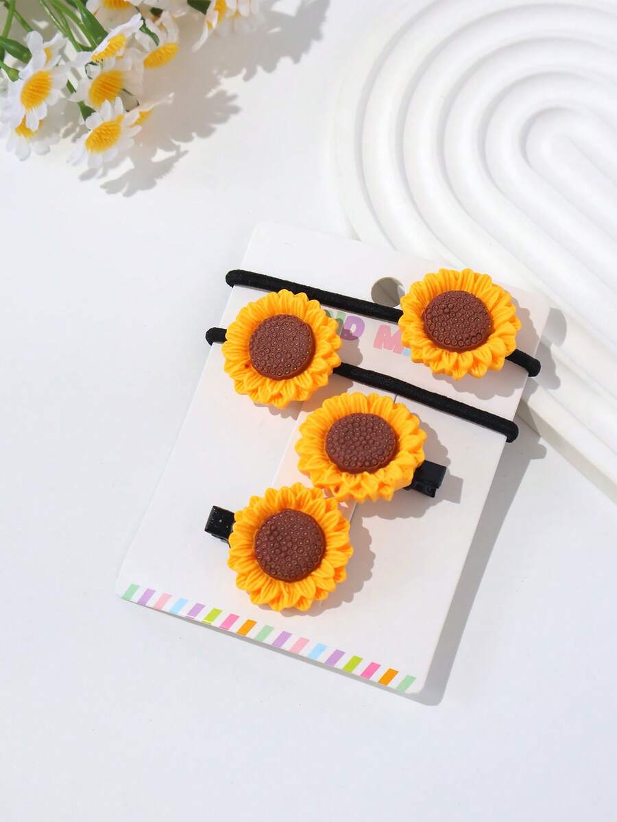 4pcs/Set Girls' Countryside Resin Yellow Sunflower Style Hair Clips & Hair Bands - Yellow - View 1