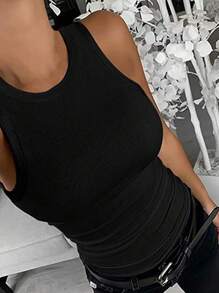 Damen ärmelloses Rundhalsausschnitt Basic Rippstrick Tight Fit Tank Top