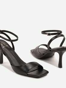 Square Toe Stiletto Heel Sandals With Ankle Strap - Black - View 4