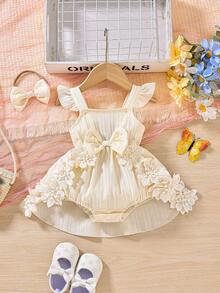 Đầm liền thân ren dây buộc dễ thương cho bé gái - Màu be - Xem 1