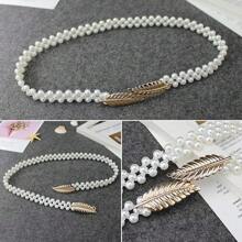 1 Stück Damen Gürtel mit kleinen Blättern aus Legierung, Schnalle aus elastischem ABS-Kunststoff mit Perlen, verstellbar, passend für Kleider und für den täglichen Gebrauch