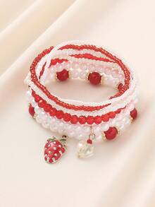 7件套波西米亚风可爱串珠仿珍珠樱桃草莓吊坠叠戴手链，适合女性海滩度假休闲日常佩戴 - 紅白色 - 查看 8