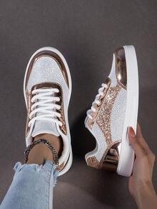 Spring/Summer New Round Toe Lace-Up Rose Gold Shiny Sneakers For Women, Academic Style Breathable Athletic Sports Shoes, Comfortable Fashion Student - Rose Gold - View 2