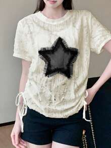 女士新款星形抽绳短袖 T 恤，夏季美式时尚设计专属小众上衣 - 杏色 - 查看 2