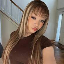 Highlight Straight Human Hair Wig With Bangs 250% Density #4/27 Piano Color Brown And Honey Blonde Highlight Straight Bangs Wig Put On Go Wigs 8-34 Inch Long Straight None Lace Human Wig With Bangs Soft And Silky - Rooted & Ombre - View 8