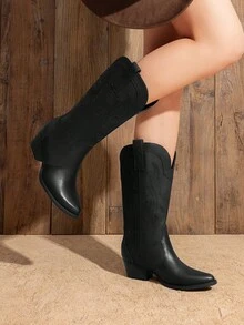 Women's Western Cowboy Boots Slip On Fashion Embroidery Pointed Toe Low Heel Chunky Outdoor Commuter Mid-Calf Black Boots - 黑色 - 查看 6