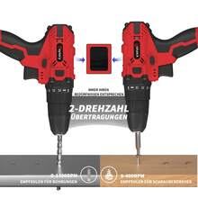 Vandise 21V Cordless Drill/Driver Set With 2x1500mAh Batteries, 25+1 Torque Levels, 45Nm Max, 2-Speed Gearbox, LED Lighting – Power Tool With Accessories, Practical Storage Box & Keyless Drill Chuck (3/8'') For DIY Projects, Household And Garden - Red - View 7