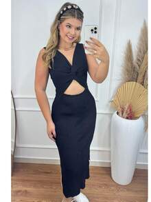 Women's Midi Dress, Two Ways To Wear, Knot At The Back Or Front With Slit On The Sides, Ribbed Knit - màu đen - Xem 1