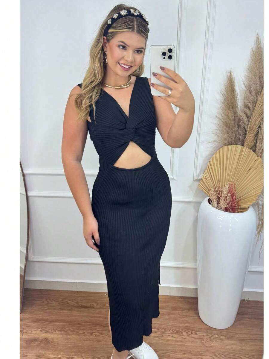 Women's Midi Dress, Two Ways To Wear, Knot At The Back Or Front With Slit On The Sides, Ribbed Knit - màu đen - Xem 1