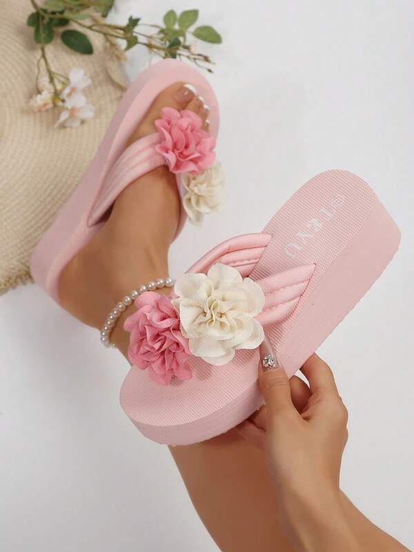 Women's Summer New Anti-Slip Thick Sole Pink Beach Sandals, Wedge High Heel T-Strap Slippers, Suitable For Outdoor, Indoor, Beach, Wedding, Vacation