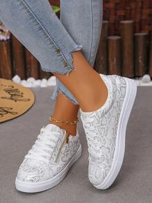 Zapatos deportivos casuales de mujer en color plata, diseño clásico con cordones y cremallera lateral, atuendo exterior sencillo, zapatos casuales cómodos (corren un tamaño talla grande pequeño)