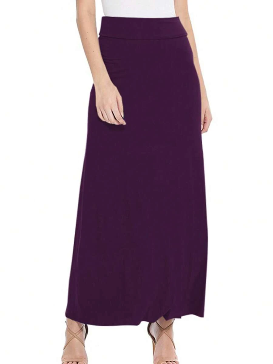 Maxi Length High Waist Foldable Waistband Solid Skirt  Plain  Casual  Elegant  Knitted Fabric        Home  Office  Street  Daily - 紫色 - 查看 1