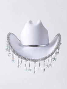 1 件男女通用纯色经典牛仔/女牛仔帽，独特的 PU 皮革带装饰，适合西部主题活动、派对、订婚、角色扮演、毕业典礼、万圣节、节日、生日、音乐节、休闲街头服饰，由涤纶纤维制成 - 白色 - 查看 2