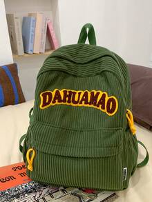 1 Pc New Style Girls' And Boys' Solid Color Letter Print Corduroy Backpack, Spacious Capacity, Adjustable Straps, Zipper Closure, Fashionable And Casual For School, Outdoor Activities, Travel, And Friend Gifts - A - View 3