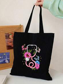 1pc Nurse Stethoscope Pattern Casual Minimalist Shoulder Bag, Tote Bag/Shoulder Bag, Minimalist Bohemian Style Handbag, Gift For Nurses, Teachers, Female Friends, Suitable For Work, Travel, Shopping, Vacation, Best Teacher's Day Gift, Bohemian Style Women's Clothing, Boho - Black - View 10