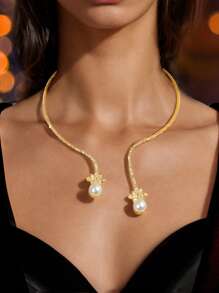 1 Pieza Collar dorado de lujo con decoración de strass y perla artificial para boda, fiesta y graduación, joyería de mujer