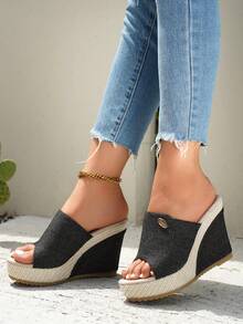Women's Fashion Open Toe Platform Wedge Slide Sandals - Black - View 1