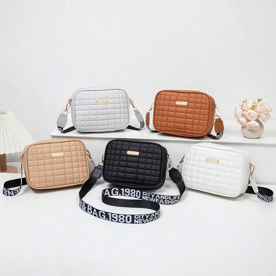 New Fashion Solid Color Plaid Embroidered Camera Bag, Versatile Letter Strap With Metal Decor Crossbody Bag, Minimalist Style For Outdoor Travel, High-Quality Shoulder Bag - Black - View 1