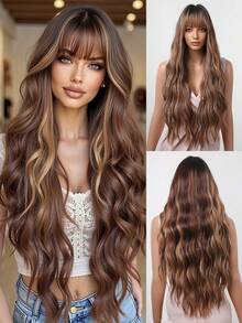 Tóc giả xoăn màu nâu thanh lịch dài 28 inch có mái, phù hợp cho nữ - Tóc giả tổng hợp mềm mại, chịu nhiệt, phù hợp cho tạo kiểu hàng ngày và các dịp đặc biệt, kiểu tóc đa năng, tóc xoăn gợn sóng ngang vai. - Màu nâu highlight - Xem 2
