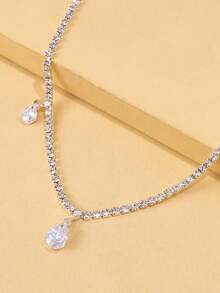 1pc Silver Asymmetrical Double Water Drop Rhinestone Pendant Necklace For Women - Silver - View 5