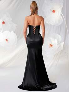 ADYCE Small V-Neck Asymmetric Rhinestone Embellished High Waist Slit Open Back Tie-Up Ball Gown Evening Party Dress - Black - View 2