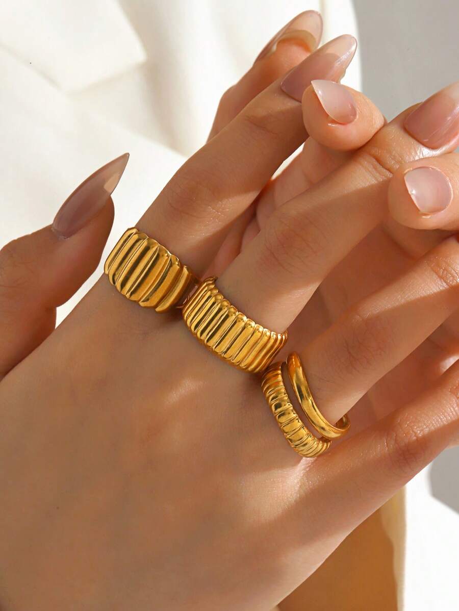 3pcs/Set Minimalistic Stainless Steel 18K Gold Plated Geometric Horn Knuckle Rings, Suitable For Women Everyday & Party Wear
