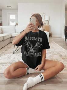 Women's Casual Graphic Print Round Neck Short Sleeve Black T-Shirt Top, Everyday Wear Summer - Black - View 4