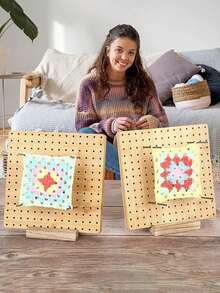 1套竹木板可重复使用手工编织阻挡垫 Granny Square 艺术品针线活爱好者缝纫用品木制钩针阻挡板编织套件方形 Granny 手工竹钩针用品 - 彩色 - 查看 5